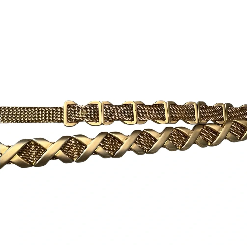Vintage Gold Tone Metal Mesh Belt Criss Cross X’s 33.5-34.5” With Buckle Pretty!